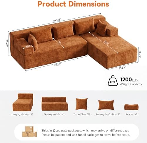 MONVANE 106" L-Shaped Modular Sectional Sofa, Orange