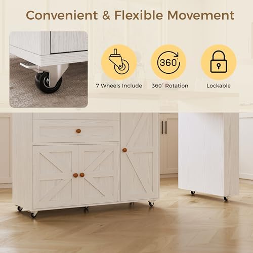 IRONCK Rolling Kitchen Island with 360° Swivel Table and Storage, White