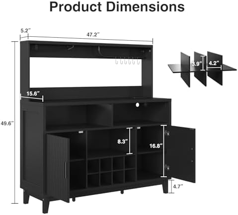 Fluted Coffee Bar Cabinet with Charging Station, 47.2" W Liquor Cabinet