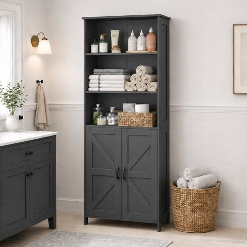 Homhedy 67" Tall Bathroom Storage Cabinet, Bathroom Floor Cabinet | Freestanding Farmhouse Cabinet with Doors and Adjustable Shelf, Linen Cabinet for Bathroom, Living Room, Laundry Room, Black