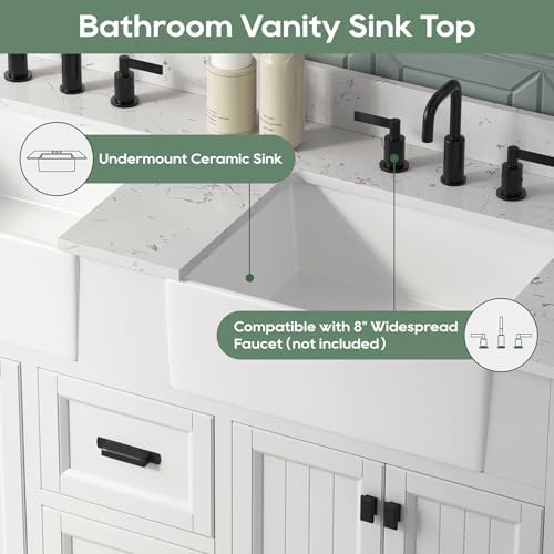 60 Inch Bathroom Vanity with Double Sink, Solid Wood, White | Farmhouse Pre Assembled Vanity Bathroom with Soft Closing Doors, Vanity for Bathroom, Apron Farm Sink