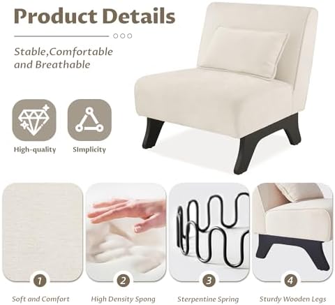 Upholstered Armless Accent Chair Set of 4,Modern Comfy Living Room Chairs with Wooden Legs& Pillows,Lounge Sofa Side Chair for Bedroom Farmhouse Reading (4 PCS, Beige)