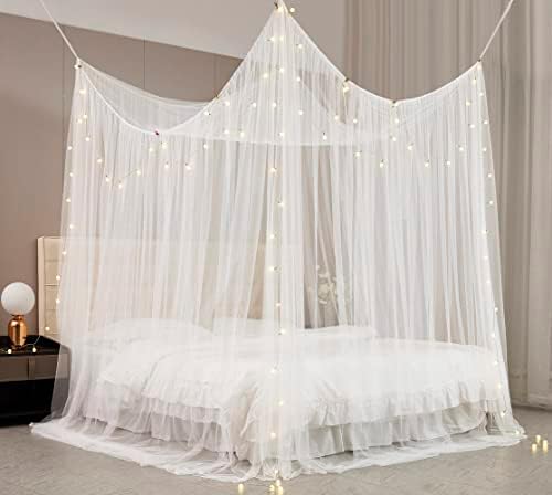 Mengersi Bed Canopy with Lights for Full Queen King Size Bed,4 Corner Post Bed Drapes Canopy for Bed,Canopy Bed Curtains Elegant Bedroom Decoration Accessories(White+Lights)