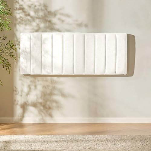 Nestl Upholstered Full Headboard - Easy Assemble Channel Stitched Headboard Full Size - Wall Mounted Headboards with 3D Soundproof Wall Panels Peel & Stick Floating Headboards, Off White