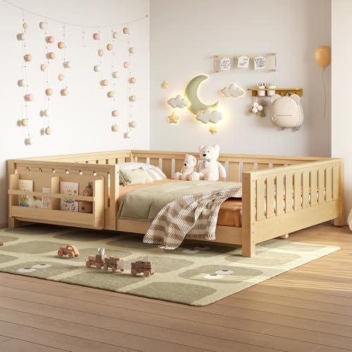 Bellemave Queen Size Floor Bed with Slats and Safety Guardrail, Queen Size Montessori Floor Bed with Fence and Built-in Bookshelf, Easy Assemble Montessori Beds for Girls, Boys, Light Natural