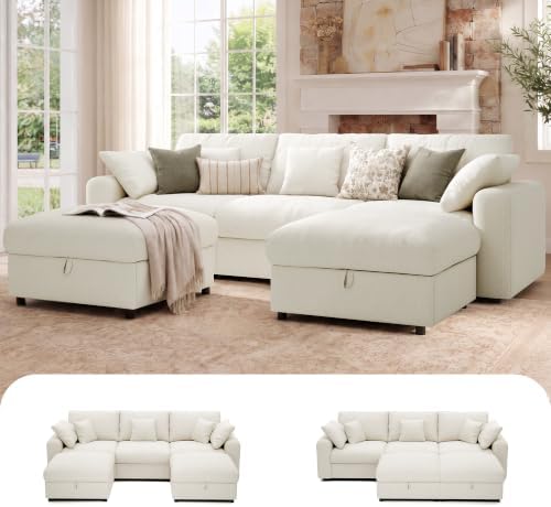 Ihanherry Oversized Cloud Sectional Couches for Living Room, Modular Sectional Sofa with Wide Deep Seat, Coner Couch with Throw Pillow and Storage Ottoman, Beige
