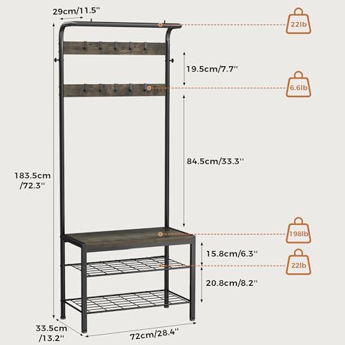 NEWBULIG Coat Rack, Hall Tree with Shoe Bench, 4-in-1 Entryway Organizer with 10 Hooks and Storage Shelf, Rustic Wood Entryway Bench for Mudroom, Living Room, Bedroom, Grey