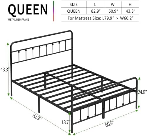 Queen Size Metal Bed Frame with Headboard and Footboard,Black
