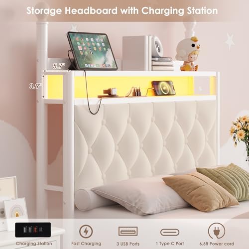 HIFIT Twin Size LED Canopy Bed Frame with Storage & Charging Station, Beige