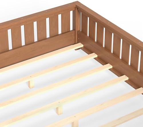 Bellemave Full Floor Bed with Slats and Rails, Full Size Montessori Floor Bed with Bookcase and Fence, Easy Assemble Montessori Beds for Girls, Boys, Natural Floor Beds