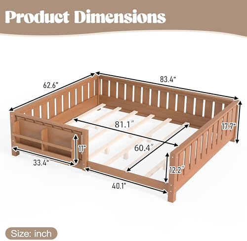 Bellemave Queen Size Floor Bed with Slats and Guardrails, Queen Size Montessori Floor Bed with Bookcase and Fence, Low Profile Montessori Beds for Kids, Natural Floor Beds Frame