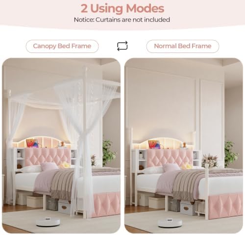 Queen Size Upholstered LED Canopy Bed Frame with 2 Drawers and & Charging Station, Button Tufted Storage Headboard, Metal Platform Bed with 4 Removable Posts, No Box Spring Needed, Pink