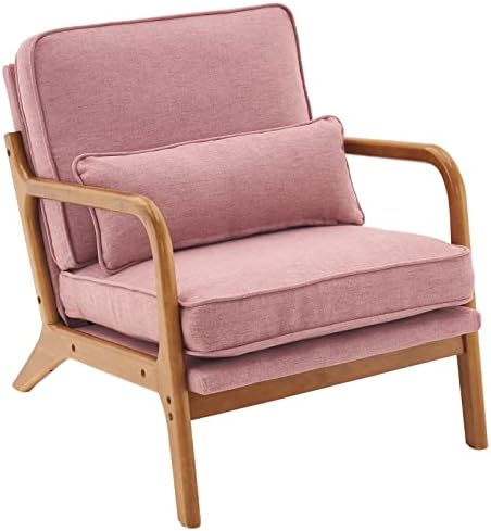 Bonnlo Linen Pink Mid Century Modern Accent Chair, Soild Wood Padding Lounge Armchairs Side Sitting Chairs for Living Room, Bedroom, Guest Room