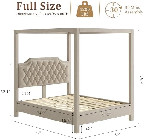 GarveeHome Upholstered Canopy Bed Full Size with Button Tufted Headboard