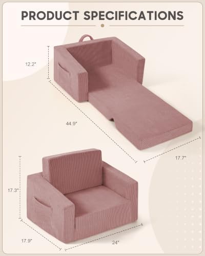 2-in-1 Kids Chair and Couch, Larger Cozy Corduroy Kids Sofa, Pink