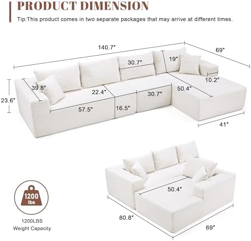 Mangodan 140” Cloud Sectional Couch, Boneless Sofa for Living Room, Modular Sectional Sofa with Deep Seat, Comfy Fluffy L-Shaped Couch with Right Facing Chaise, No Assembly Required, Beige