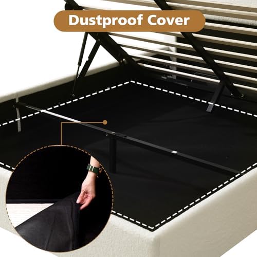 VELOCAVA Full Size Lift-Up Storage Bed, Modern Upholstered Boucle Bed with Curved Headboard, Gas Lift Platform, Sturdy Wooden Slat Support, No Box Spring Needed, Easy Assembly, Cream White