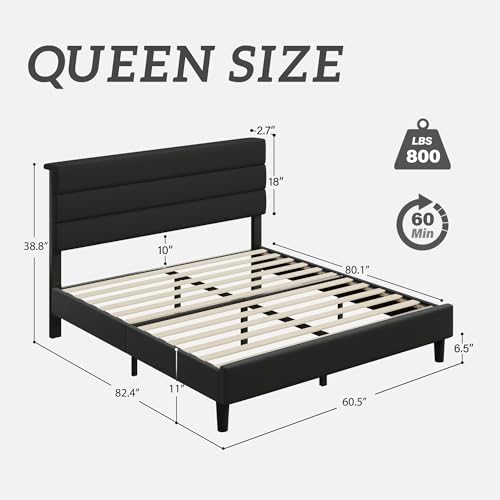 Fluest Queen Bed Frame, Platform Bed Frame with Velvet Upholstered Headboard, No Box Spring Needed, Sturdy Metal Support, Noise Free, Easy Assembly, Modern Bedroom Furniture, Black