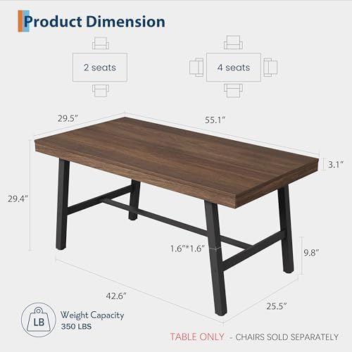 GarveeHome Industrial Dining Table for 2-4, 55" Heavy Duty Rectangular Kitchen Table with 2"×2" Metal Legs, Small Space Dining Table for Kitchen, Dining Room (Brown, 55" Non-extendable)