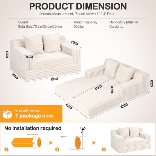 Erament Boneless Loveseat Convertible Sofa Bed, Folding Floor Futon Sleeper Sofa Couch Bed- Boneless Foldable Couch, Corduroy Pull Out Sofa Bed with 2 Pillows for Living Room & Bedroom