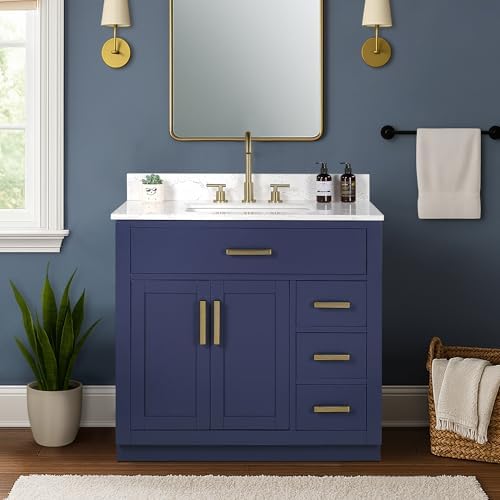 36-inch Bathroom Vanity with Sink, Solid Wood, 0.79-inch Stone Countertop and Backsplash, 4 Drawers, 2 Soft Closing Doors -Royal Blue
