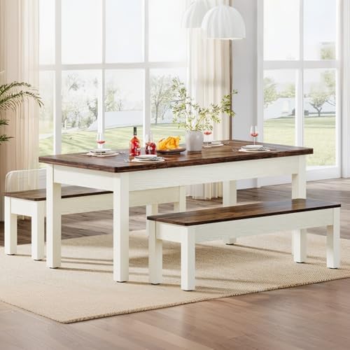 Tribesigns Farmhouse Kitchen Table Set for 4-6, 55-Inch Wooden Dining Table with 2 Benches, Space Saving 3 Pieces Heavy Duty Dinette for Dining Room, Kitchen, Small Space