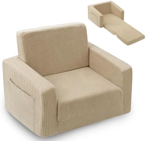 2-in-1 Kids Chair and Couch, Cozy Corduroy Kids Sofa, Beige