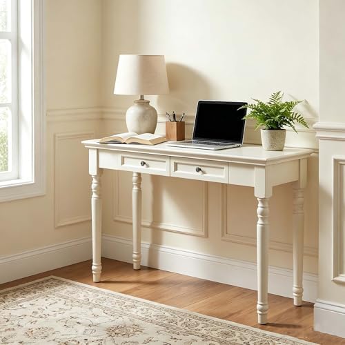 47" Narrow Solid Wood Writing Desk with Drawers, White