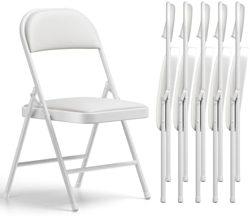 Folding Chairs 6 Pack, PU Leather Padded Folding Chairs for Outside and Indoor, Heavy Duty Portable Foldable Metal Commercial Seat for Home Office, Dorm, Party, Backyard, Lawn, Patio, White