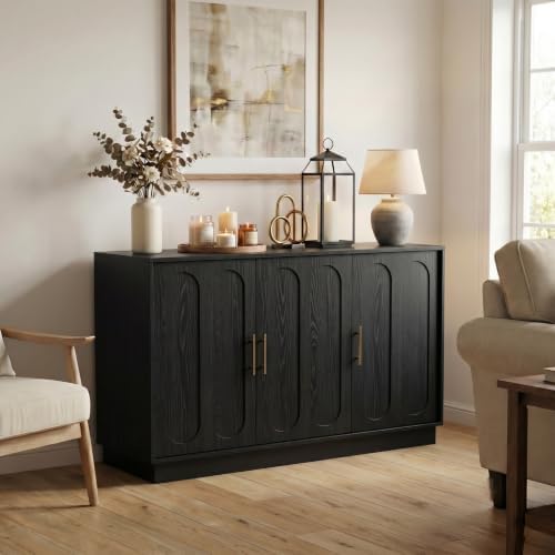 holzart 46.6" Modern Farmhouse 3 Door Storage Cabinet, Black Sideboard Buffet with Gold Handles, Large Fluted Wood Credenza for Dining Room, Living Room, Coffee Bar