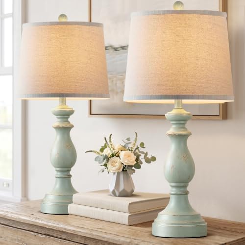 PARTPHONER Traditional Table Lamp Set of 2, Rustic Farmhouse Table Lamps for Living Room Bedroom, 27" Bedside Desk Lamps Vintage Nightstand Lamps with Linen Shades, Light Green