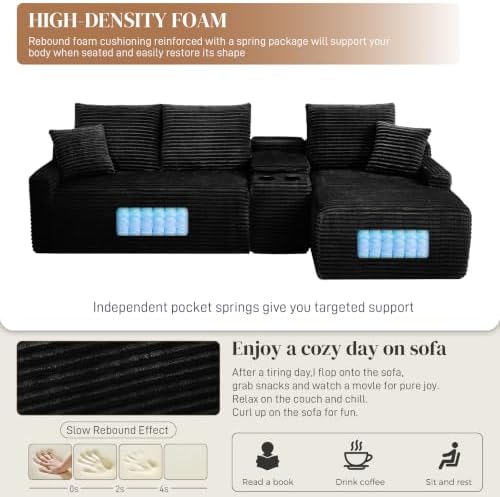 95" L Shaped Cloud Couch Modular Sectional Sofa, Comfy Fluffy Corduroy Black Boneless Sectional Couches for Living Room, Modern Cloud Sofas with Cup Holders & Right Facing Chaise, Black
