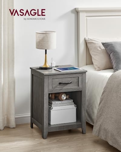 VASAGLE Farmhouse Nightstand with Charging Station, 1 Drawer