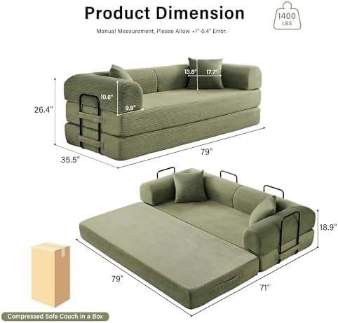 79" Convertible Sofa Bed, Boneless Sleeper Futon Couch for Living Room