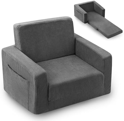 2-in-1 Kids Chair and Couch, Cozy Corduroy Kids Sofa, Grey