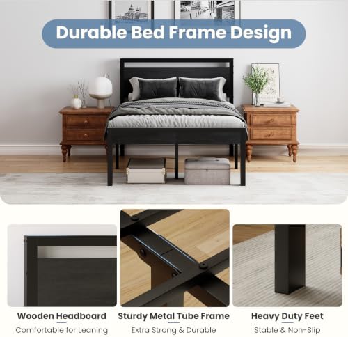 Sweetcrispy 14 Inch Full Metal Bed Frame with Wood Headboard, Black