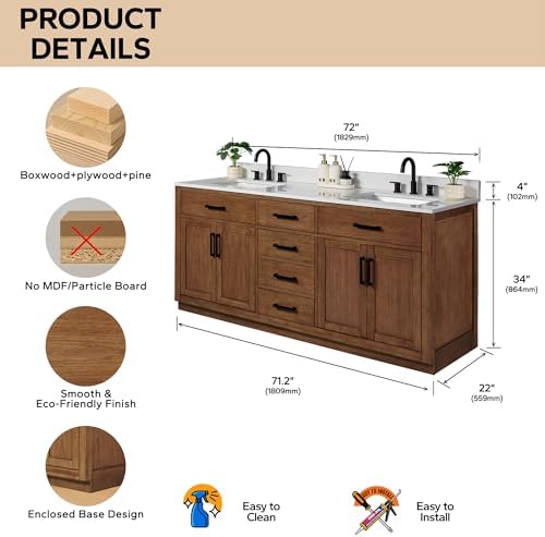 72-inch Dark Walnut Bathroom Vanity with 2 Sinks, Solid Wood, 0.79-inch Stone Countertop and Backsplash, 6 Drawers, 4 Soft Closing Doors