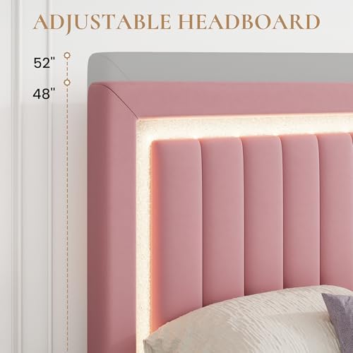 SHA CERLIN Queen Size Velvet Bed Frame with LED Light, Pink