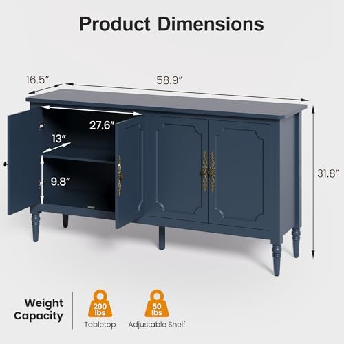 RoyalCraft Buffet Cabinet with Storage, Vintage Sideboard with Adjustable Shelves, Mid Century Modern Painted Credenza Coffee Bar for Kitchen, Dining Room, Entryway, Blue