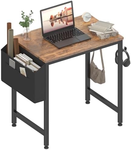 Lufeiya Small Desk for Small Spaces, 24 Inch Kids Girls Study Writing Mini Desks for Bedroom, Simple Modern Laptop PC Little Side Table with Storage Bag Headphone Hooks, Rustic Brown