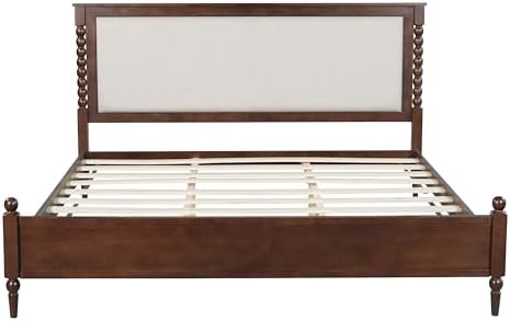 Merax King Size Solid Wood Platform Bed Frame, Upholstered Headboard & Classic Spindle & with Fabric Panel, No Box Spring Needed, 500 lbs Capacity Timeless Traditional for Bedroom, Brown