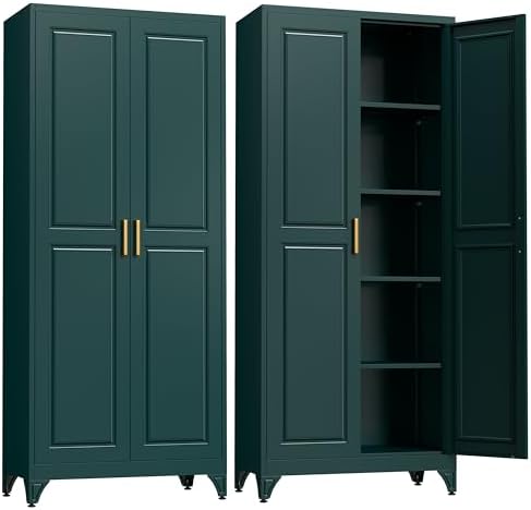 SteeLoong 75”Metal Pantry Storage Cabinet with Doors & 4 Adjustable Shelves | Kitchen Pantry Cabinet,Green Kitchen Cabinet with 2 Gold Handles,Tall Cabinet for Livingroom,Pantry, Bathroom,Kitchen,Garage