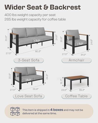 Aluminum Outdoor Patio Loveseat, Rustproof 2-Seater Sofa with Thick Washable & Removable Cushions, All-Weather Patio Furniture Couch for Deck, Balcony, Porch, Yard, Garden, Poolside, Indoor, Gray