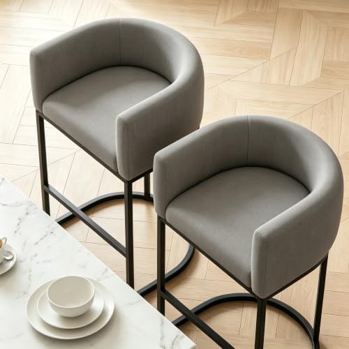 26" H Counter Height Bar Stools Set of 2, Modern Barrel Counter Stools with Backrest and Arms, Linen Fabric Upholstered Accent Barstools for Kitchen Island,Support 450 LBS (Gray)