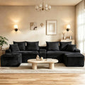 127" U Shaped Cloud Couch Modular Sectional Sofa, Comfy Fluffy Corduroy Black Boneless Sectional Couches for Living Room, Modern Cloud Sofas with Cup Holders & USB Port, Black