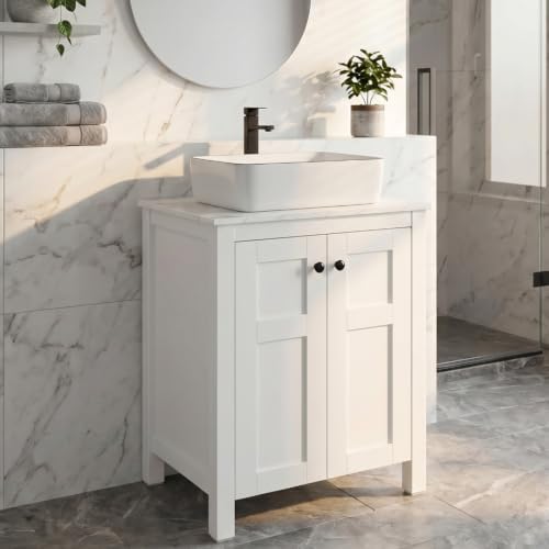 24" White Bathroom Vanity with Marble Texture Top, Traditional Standing Pedestal Cabinet with White Ceramic Sink