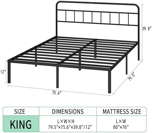 King Bed Frame with Classic Headboard, Black
