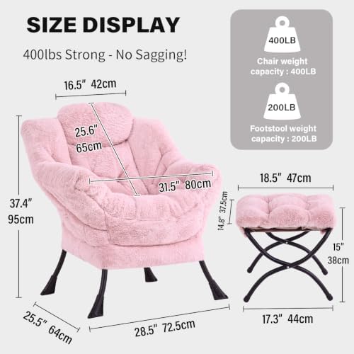 Tiita Lazy Chair with Ottoman, Comfy Reading Accent Chair, Plush Pink