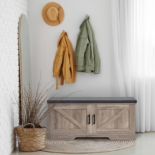 HOMSHO Farmhouse Shoe Storage Bench with 2 Barn Doors & Padded Seat Cushion