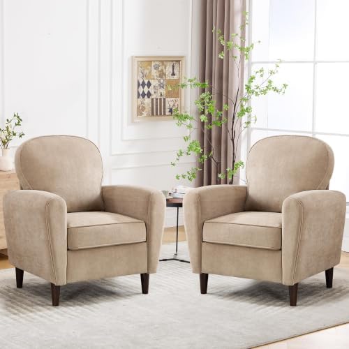 Accent Chair Set of 2, Mid Century Modern Arm Chair with Thick Cushion and Back, Comfy Upholstered Reading Single Sofa Chair for Living Room, Bedroom, Club, Khaki